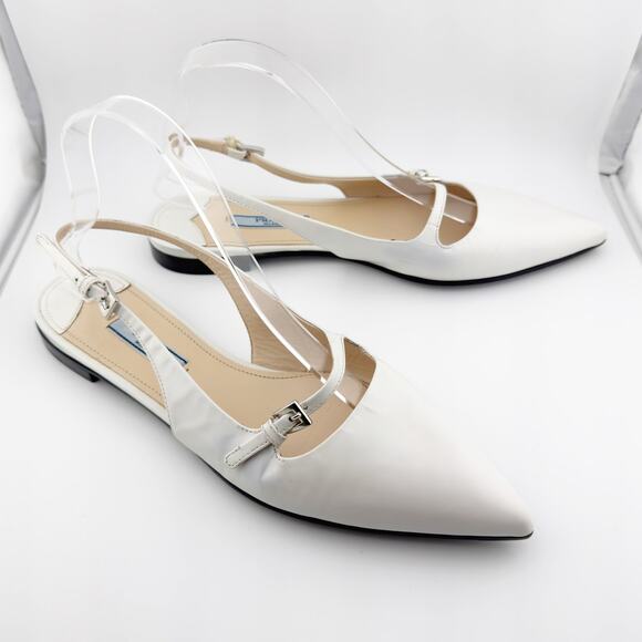 Prada White Leather Mary Jane Slingback Flats Pointed Toe Size 37.5 - Picture 3 of 16